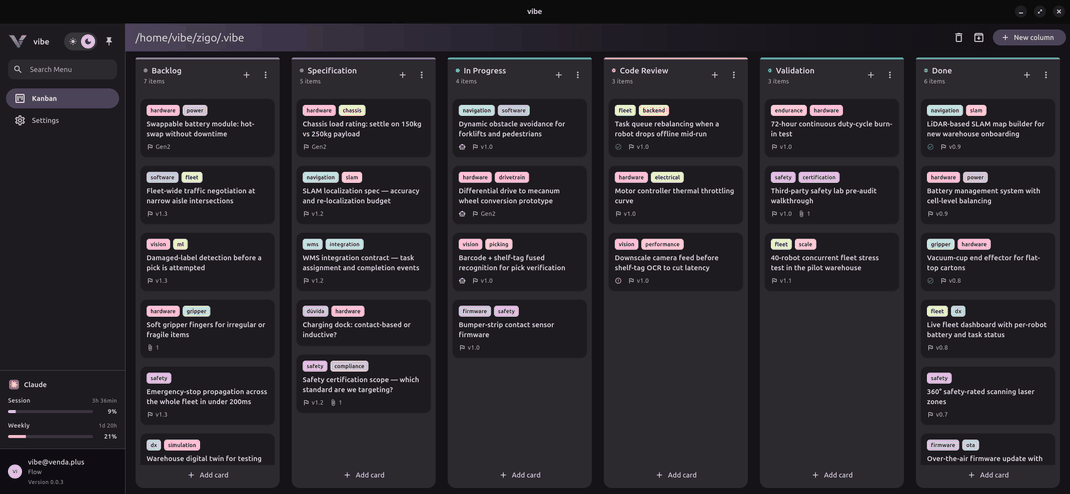 The Vibe app window showing a Kanban board with six columns of cards, each card with its tags and its milestone.