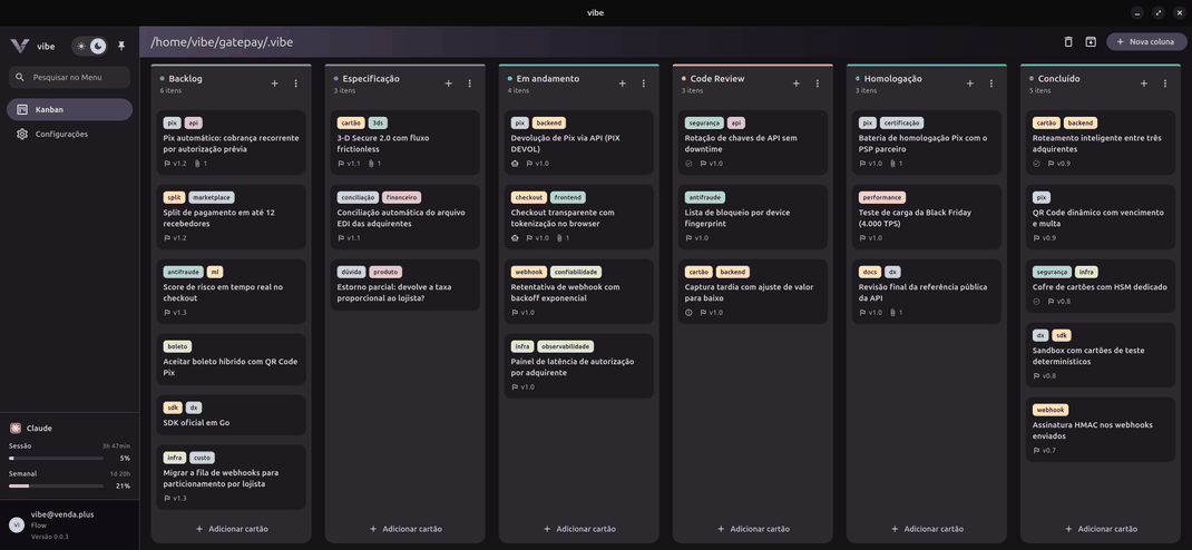 Janela do app Vibe com um board Kanban de seis colunas: Backlog, Especificação, Em andamento, Code Review, Homologação e Concluído. Cada card mostra suas tags e seu milestone.